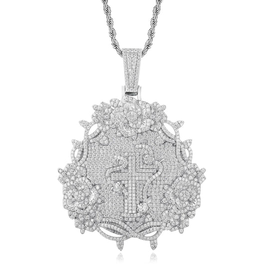 Iced Out Rose Cross Pendant Necklace for Men