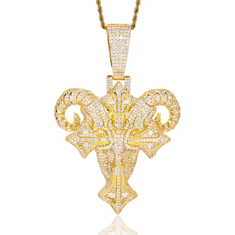 Iced Out Ram Head Cross Pendant Necklace for Men, image 8