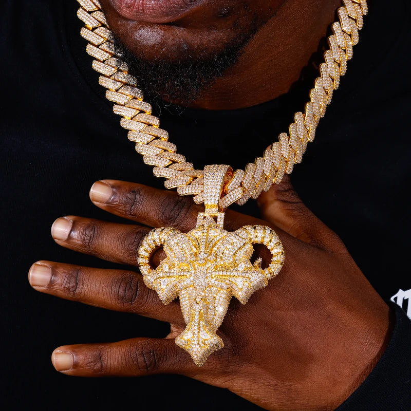 Iced Out Ram Head Cross Pendant Necklace for Men, image 7