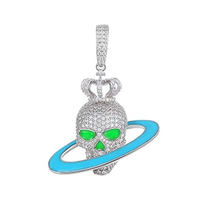 Glow in the Dark Moissanite Skull and Planet Pendant Necklace for Men