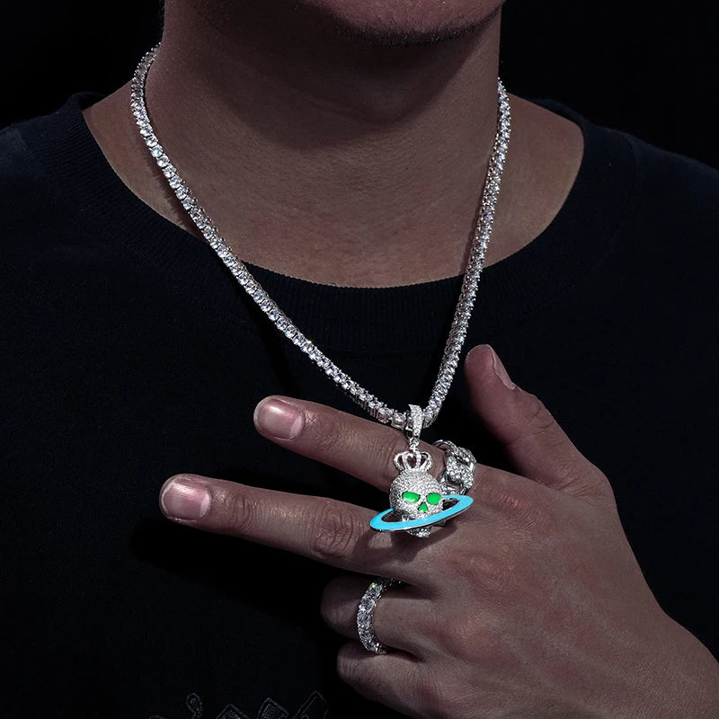 Glow in the Dark Moissanite Skull and Planet Pendant Necklace for Men, image 7