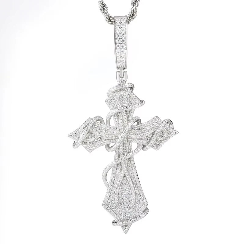 Iced Out Moissanite Ornate Cross Pendant Necklace