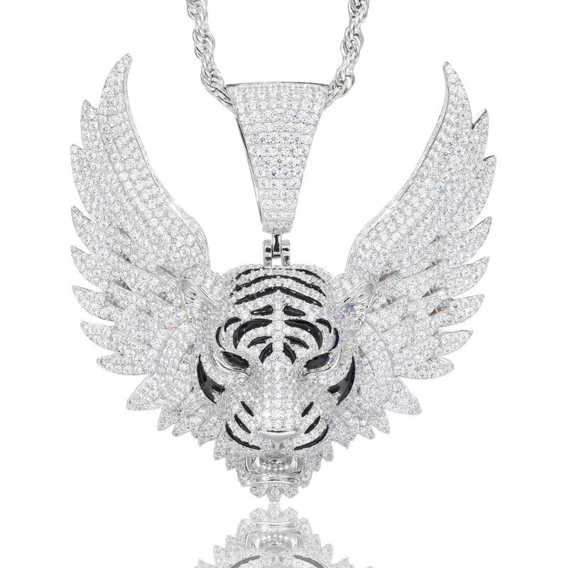 Iced Out Winged Tiger Head Pendant Necklace for Men