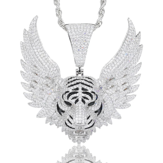 Iced Out Winged Tiger Head Pendant Necklace for Men