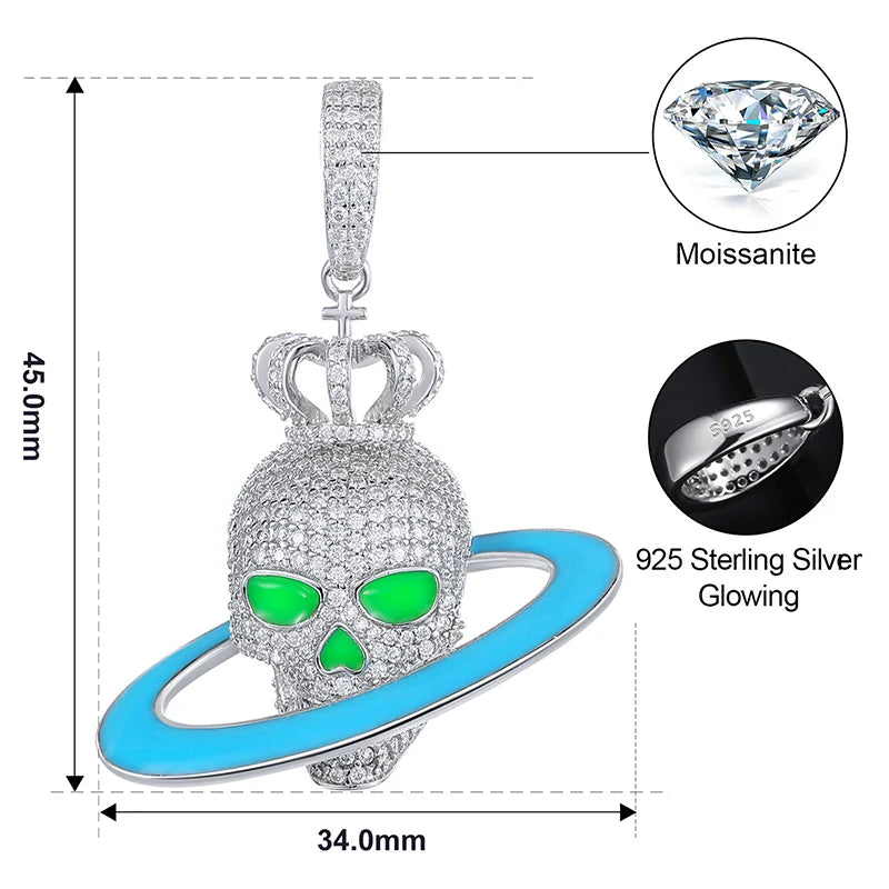 Glow in the Dark Moissanite Skull and Planet Pendant Necklace for Men, image 4