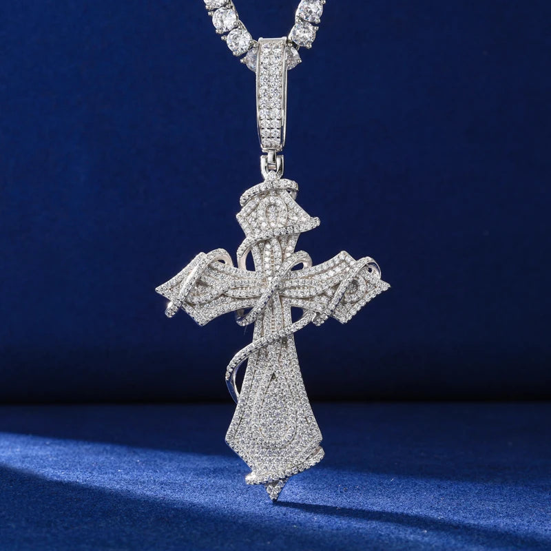 Iced Out Moissanite Ornate Cross Pendant Necklace, image 4
