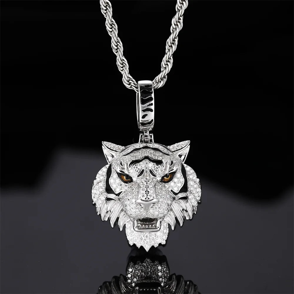 Iced Out Tiger Head Pendant Necklace for Men