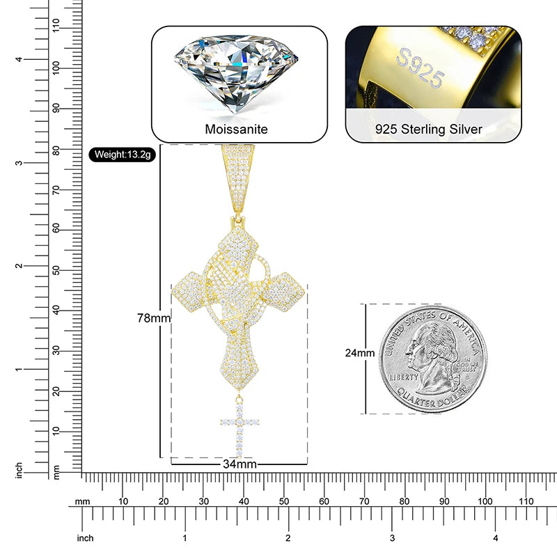 Iced Out Moissanite Praying Hands Cross Pendant Necklace for Men, image 5