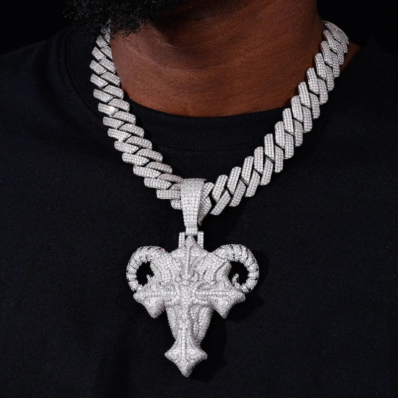 Iced Out Ram Head Cross Pendant Necklace for Men, image 6