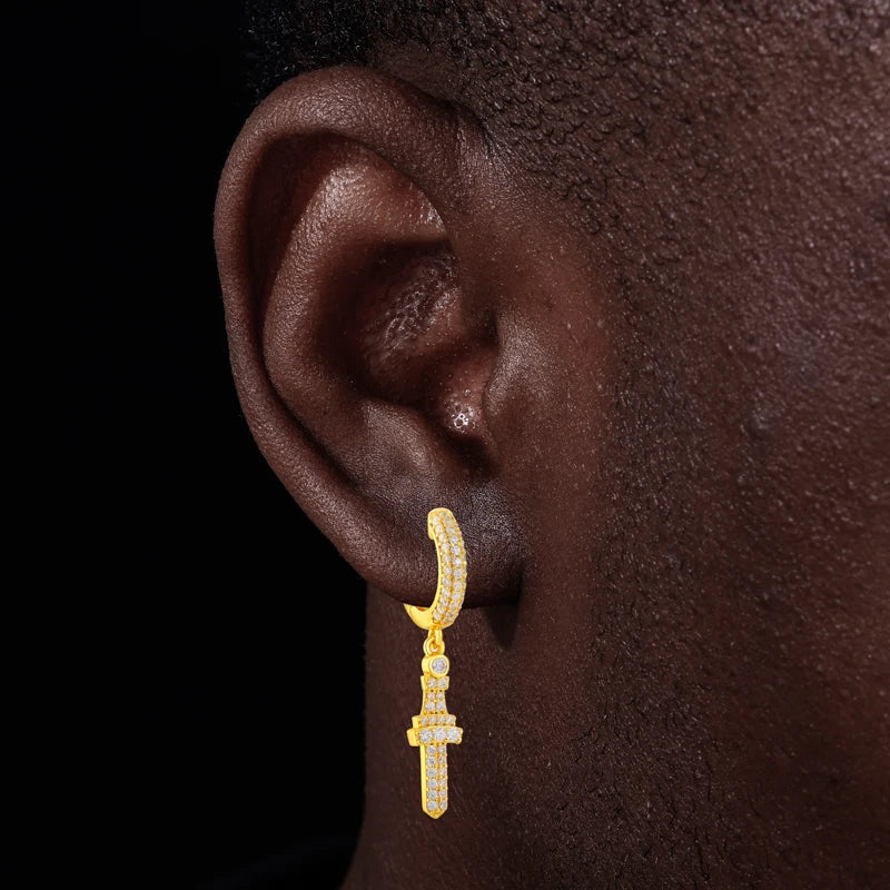 Iced Out Moissanite Cross Drop Huggie Earrings for Men, image 7
