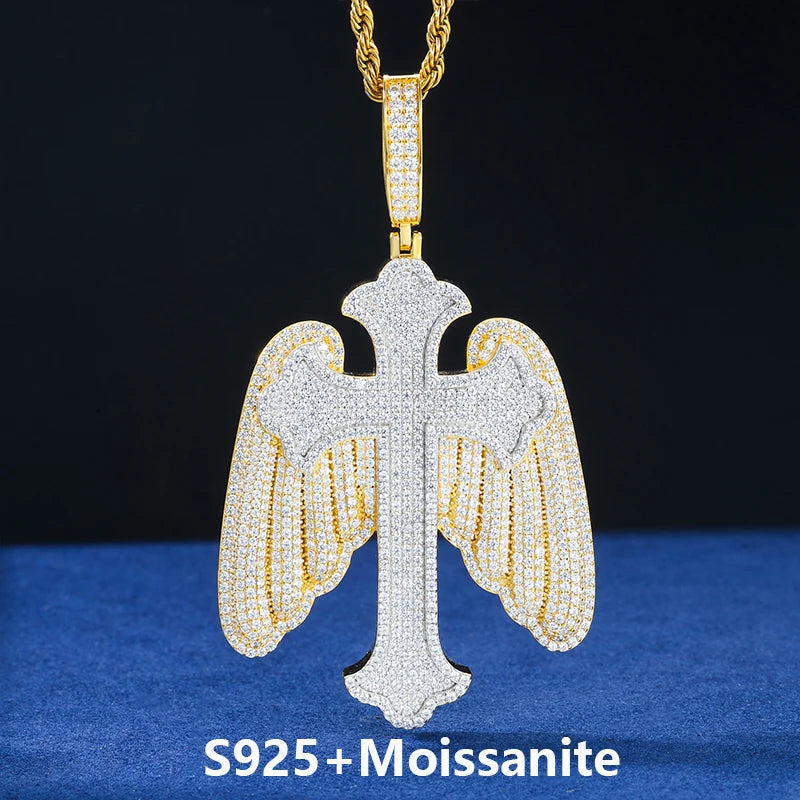 Iced Out Angel Wing Cross Pendant Necklace for Men, image 7