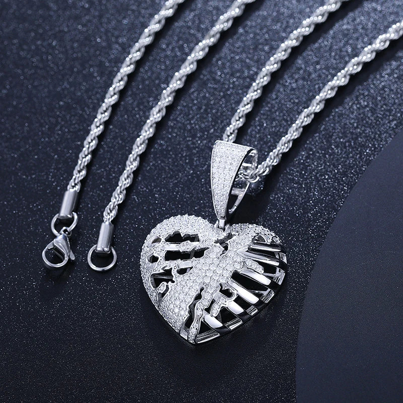 Iced Out Moissanite Hollow Heart Pendant Necklace for Men, image 2