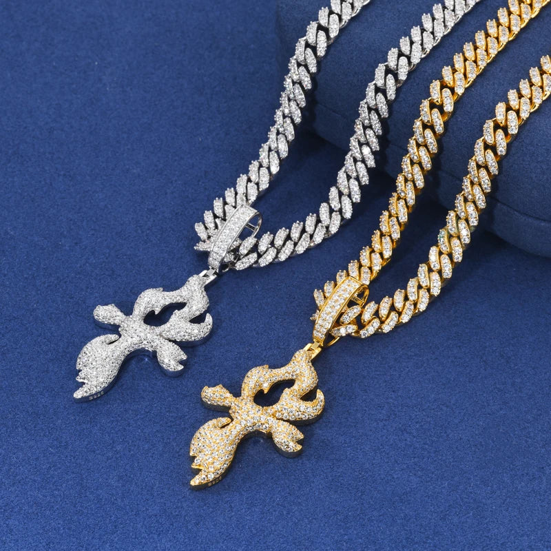 Iced Out Flame Cross Pendant Necklace for Men, image 4