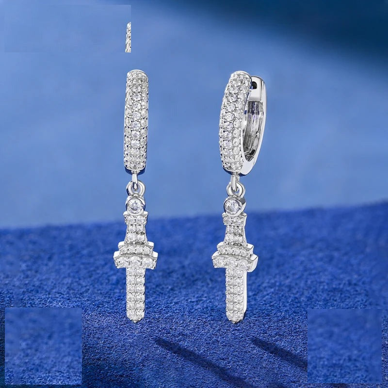 Iced Out Moissanite Cross Drop Huggie Earrings for Men, image 3