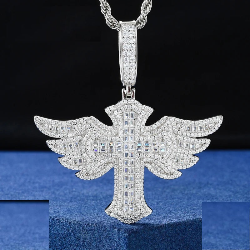 Iced Out Angel Wing Cross Pendant Necklace
