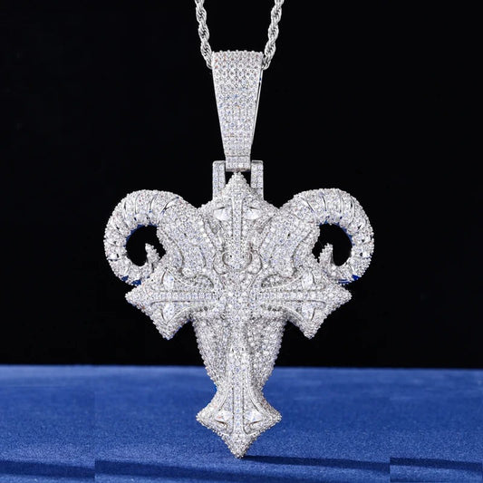 Iced Out Ram Head Cross Pendant Necklace for Men, image 2