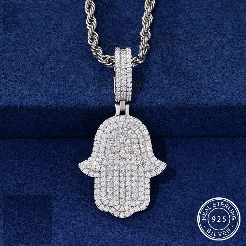 Iced Out Moissanite Hamsa Hand Pendant Necklace, image 2