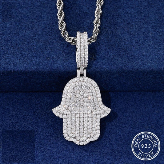 Iced Out Moissanite Hamsa Hand Pendant Necklace, image 2