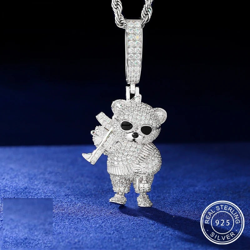 Iced Out Moissanite Bear Pendant Necklace for Men, image 2