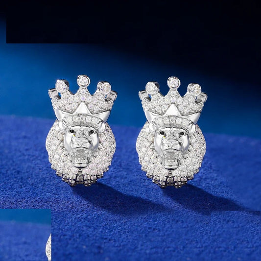 Iced Out Crown Lion Stud Earrings for Men, image 3