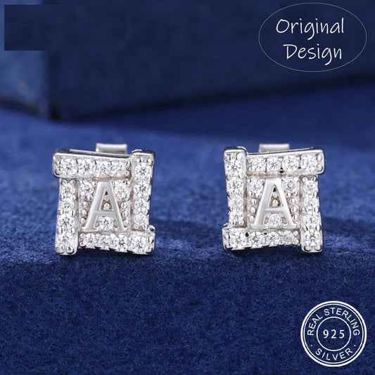 8mm Iced Out Moissanite Letter A Square Stud Earrings for Men, image 3