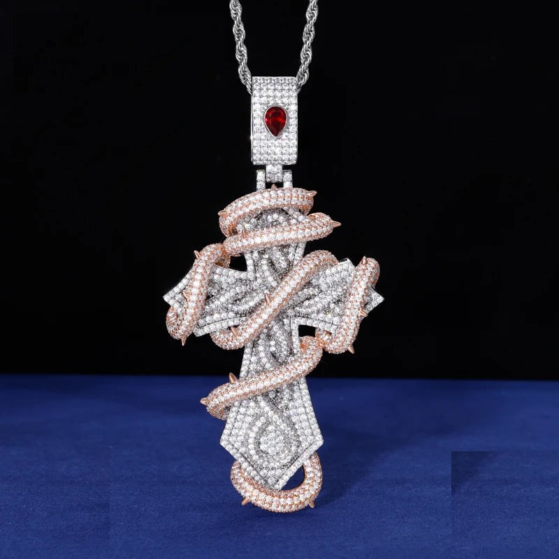 Iced Out Thorn Cross Pendant Necklace for Men