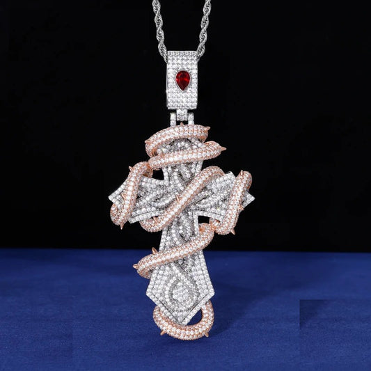Iced Out Thorn Cross Pendant Necklace for Men
