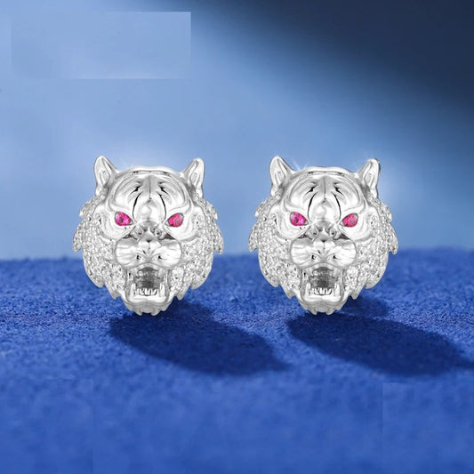 Moissanite Tiger Head Stud Earrings for Men, image 3