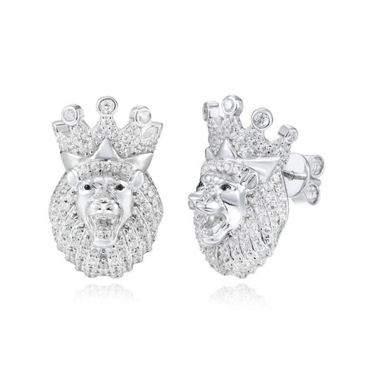 Iced Out Crown Lion Stud Earrings for Men