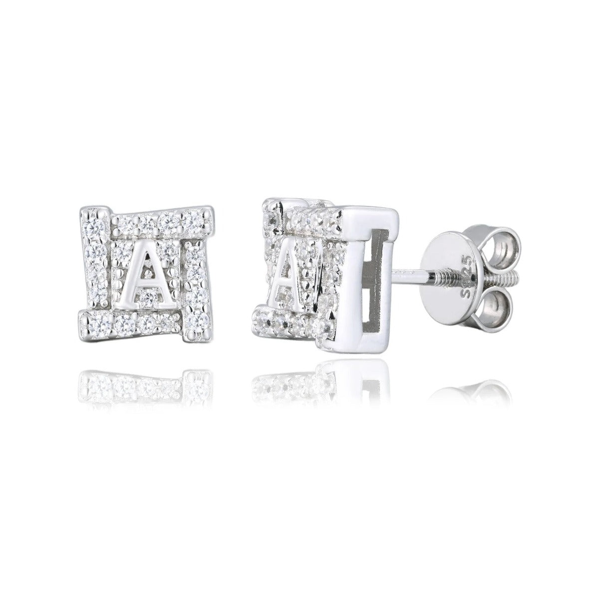 8mm Iced Out Moissanite Letter A Square Stud Earrings for Men