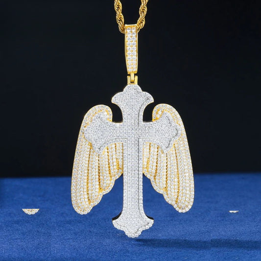 Iced Out Angel Wing Cross Pendant Necklace for Men