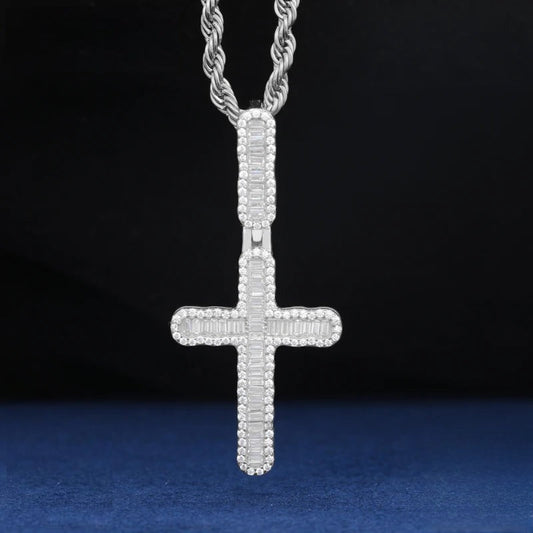 Iced Out Baguette Cross Pendant Necklace
