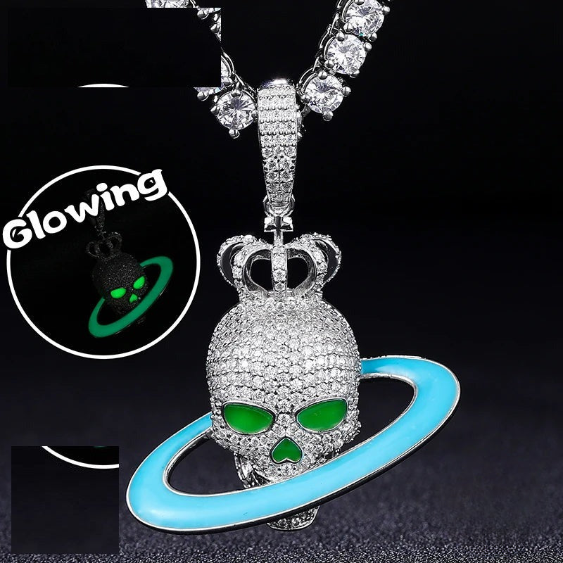 Glow in the Dark Moissanite Skull and Planet Pendant Necklace for Men, image 2