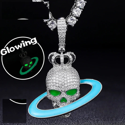 Glow in the Dark Moissanite Skull and Planet Pendant Necklace for Men, image 2