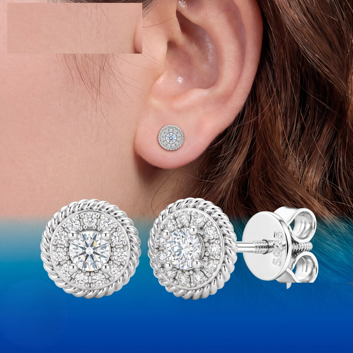 7mm Round Cut Moissanite Halo Stud Earrings, image 3