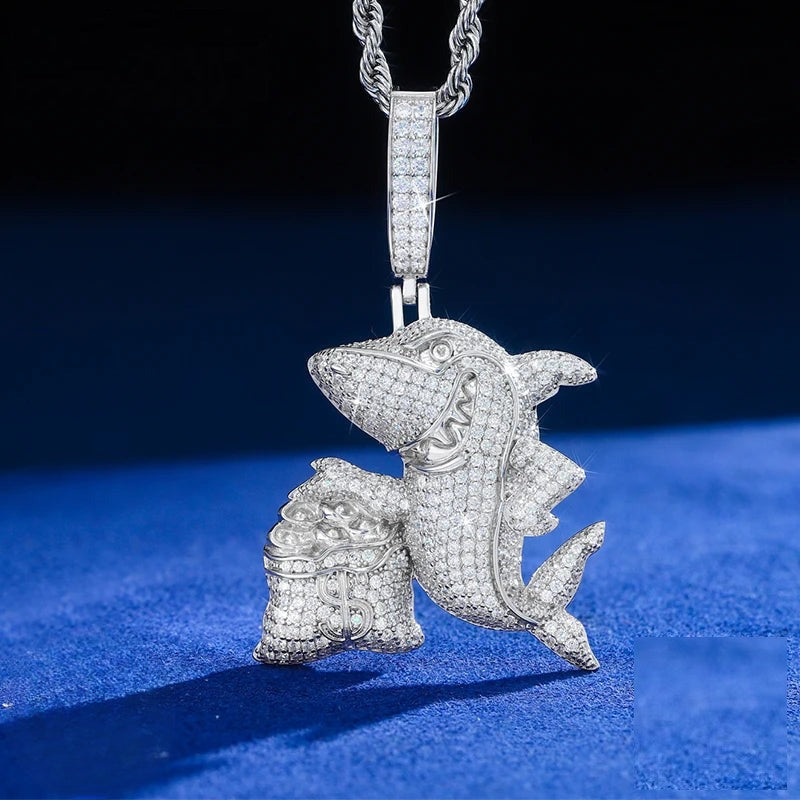 Iced Out Moissanite Shark and Money Bag Pendant Necklace for Men, image 2
