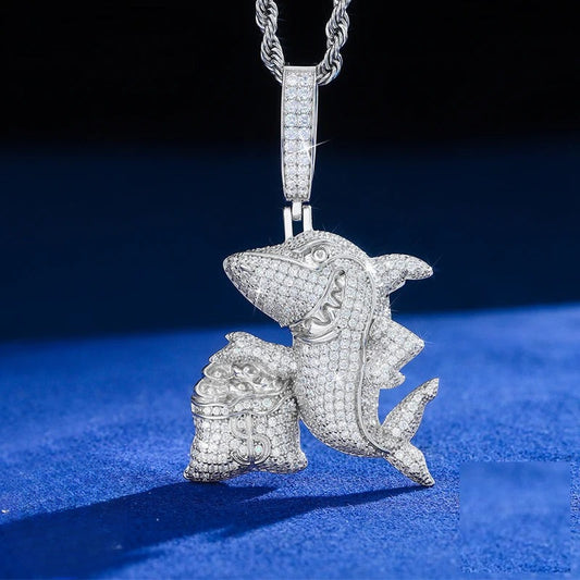 Iced Out Moissanite Shark and Money Bag Pendant Necklace for Men, image 2