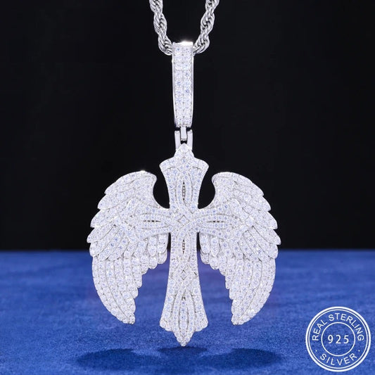Iced Out Cross and Angel Wings Pendant Necklace for Men, image 2