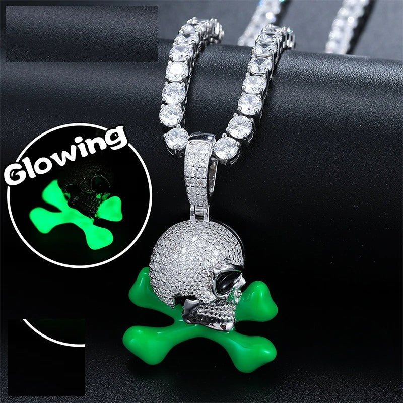 Glow in the Dark Enamel Skull and Crossbones Pendant Necklace for Men, image 2