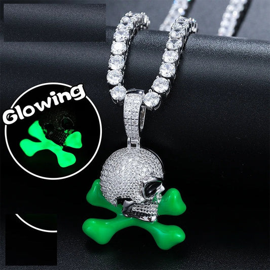 Glow in the Dark Enamel Skull and Crossbones Pendant Necklace for Men, image 2