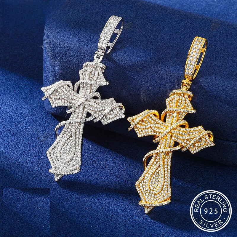 Iced Out Moissanite Ornate Cross Pendant Necklace, image 2