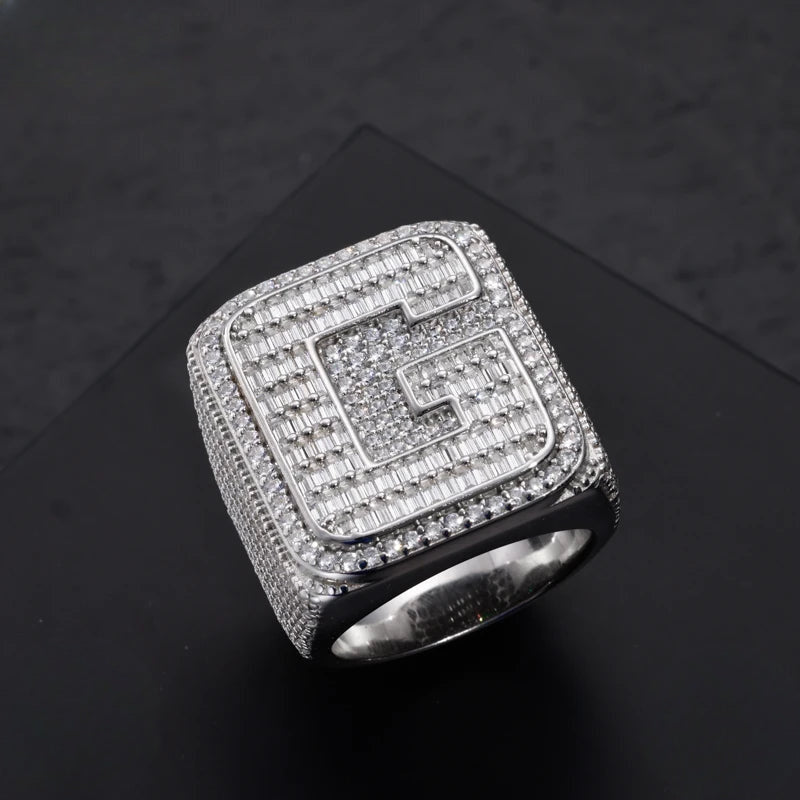 Iced Out Moissanite Initial Letter Signet Ring for Men
