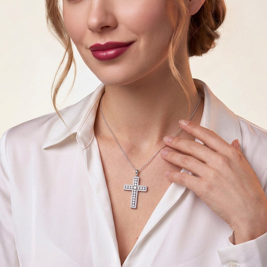 Moissanite Pave Cross Pendant Necklace in 925 Sterling Silver - on model