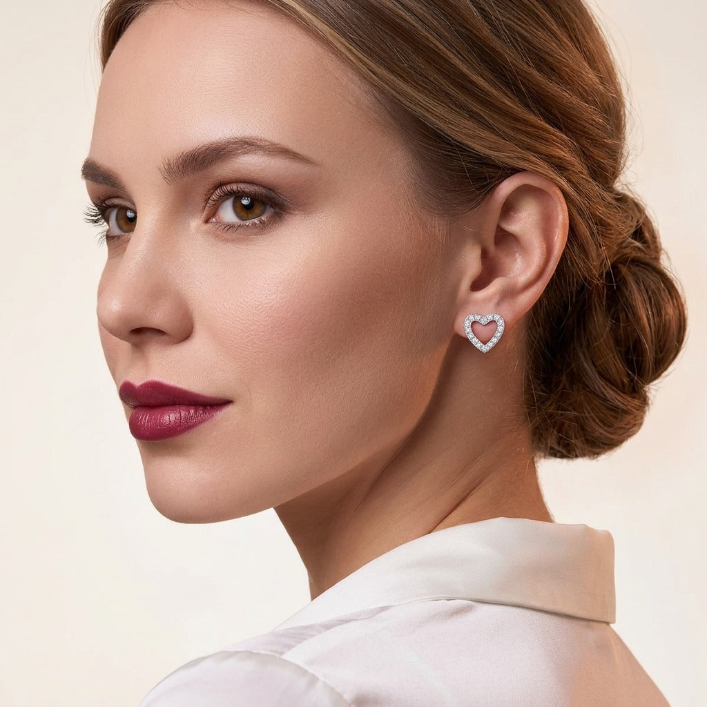 Moissanite Pave Open Heart Stud Earrings in 925 Sterling Silver - on model