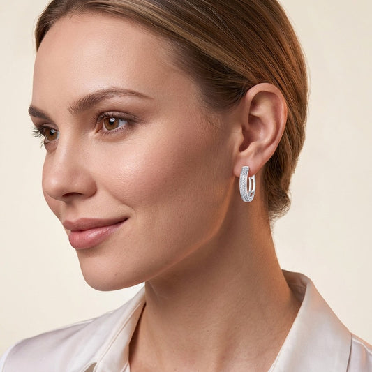 Moissanite Double-Row Pave Hoop Earrings in 925 Sterling Silver - on model