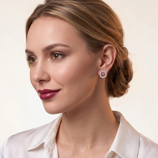 Moissanite Pave Open Hexagon Stud Earrings in 925 Sterling Silver - on model