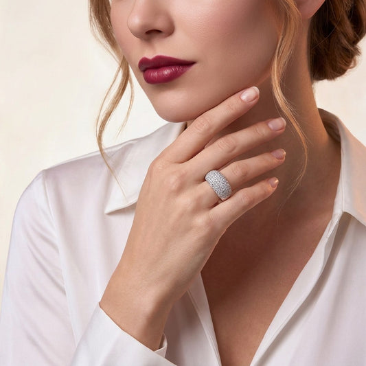 Moissanite Pave Domed Cocktail Ring in 925 Sterling Silver - on model