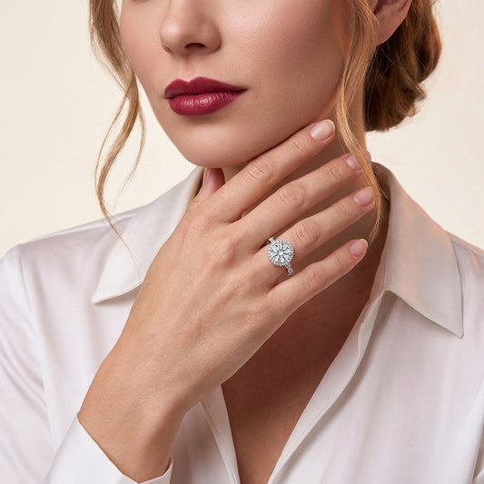 Round Moissanite Halo Ring with Twisted Pave Band in 925 Silver - on model