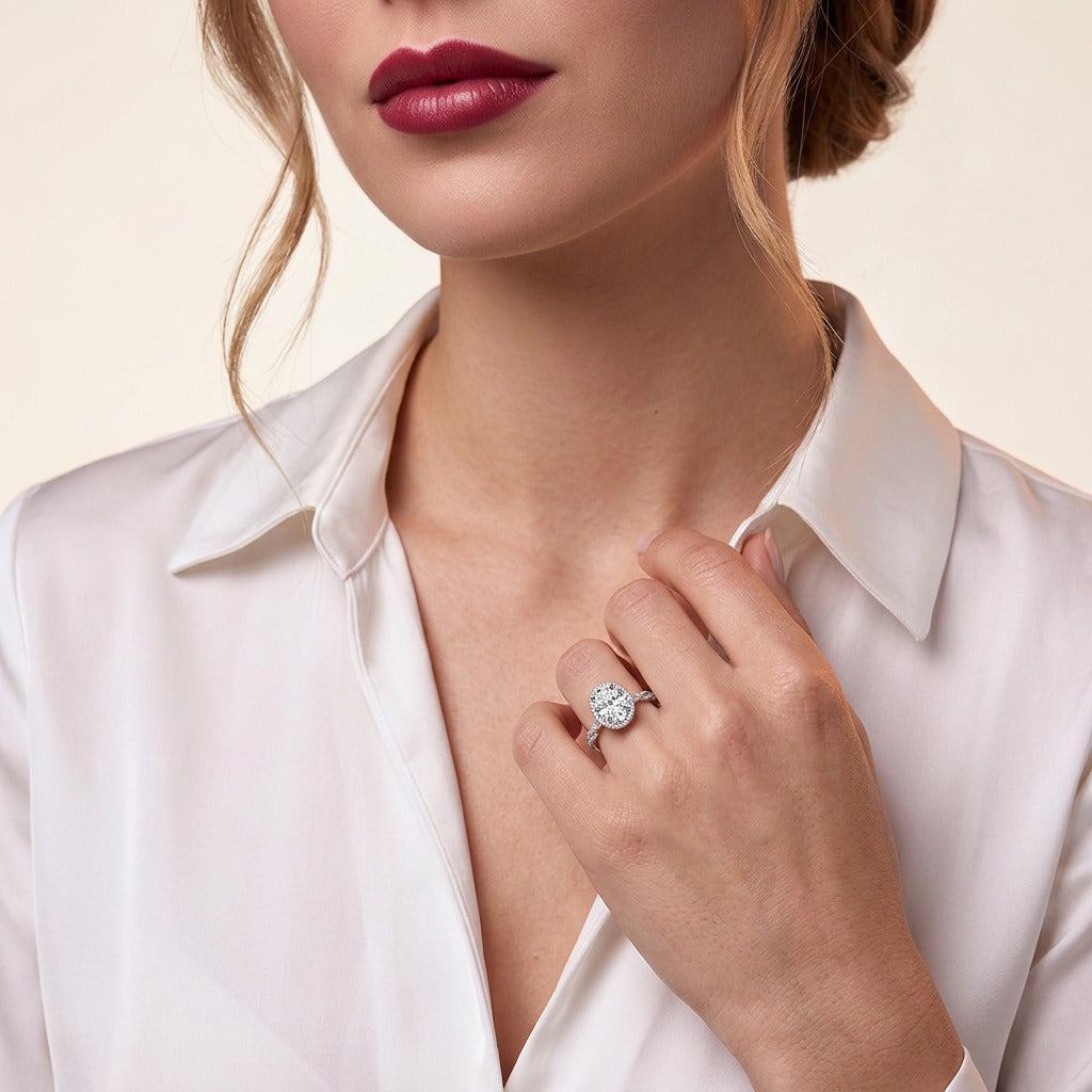 Oval Moissanite Halo Ring with Twisted Pave Band in 925 Silver - on model