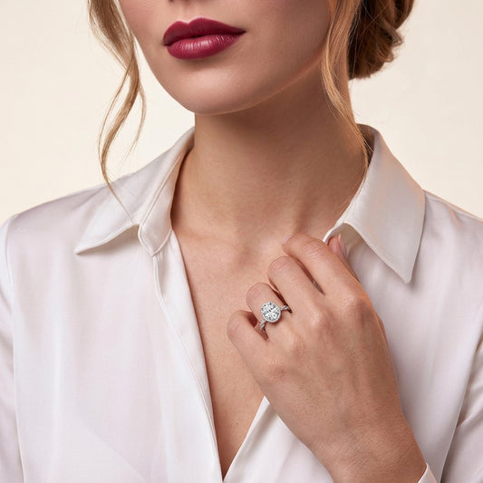 Oval Moissanite Halo Ring with Twisted Pave Band in 925 Silver - on model